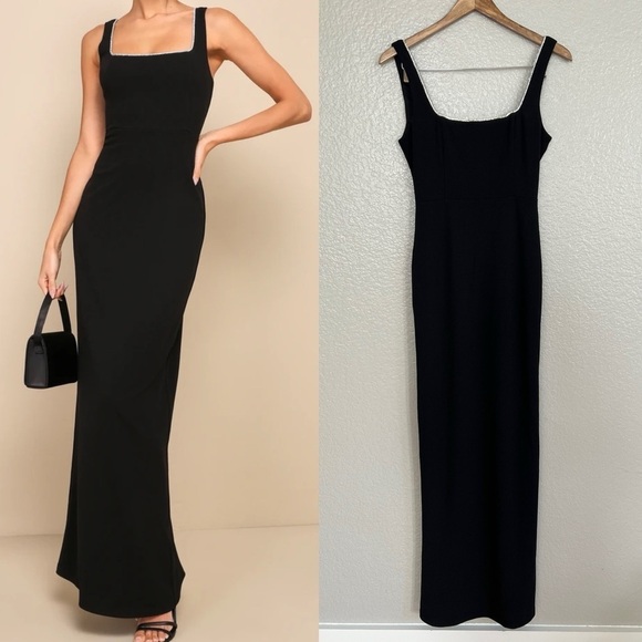 NWT Timeless Poise Black Rhinestone Square Neck Backless Maxi Dress - Picture 1 of 10
